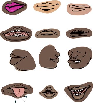 Set of human mouths in various expressions on isolated background