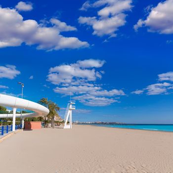 Alicante el Postiguet beach playa with modern pedestrian white bridge at Spain