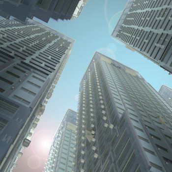 Skyscrapers. Render on a futuristic sky background