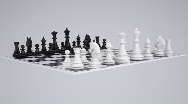 Chess on the chessboard. Render on a gray background