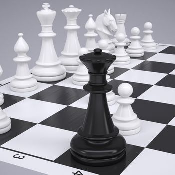 Chess on the chessboard. Render on a gray background