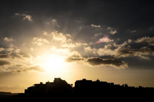 Colorful Sunset over a Town in Canarian Tenerife Island Spain