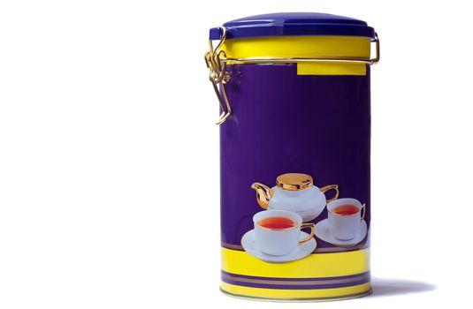 Box with a tight-fitting lid for storing tea decorated with an image of a kettle and cups. Presented on a white background.