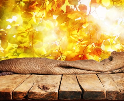 Empty wooden table and beautiful autumn leaves in background