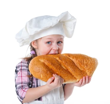 Portrait of Little Cook With Bread. Isolated on white background.