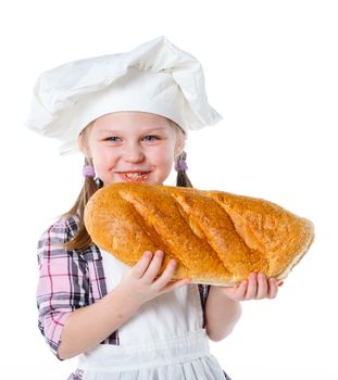 Portrait of Little Cook With Bread. Isolated on white background.