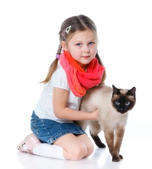 Funny little girl kid playing with cat. Isolated on white background.