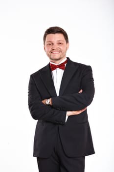 Portrait of man in black suit. Isolated over white background