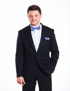 Portrait of man in black suit. Isolated over white background