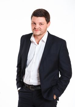 Portrait of man in black suit. Isolated over white background