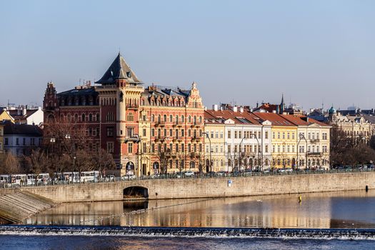 View to the Prague Old Town (Smetanovo Nabrezi) from the Vltava river, Bohemia, Czech Republic 2014