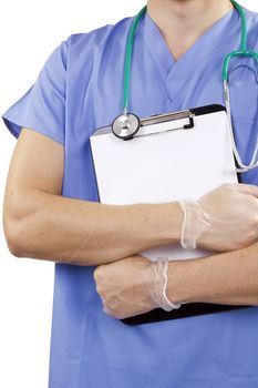 A doctor in blue uniform holding a clipboard.