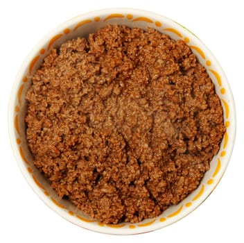 Bowl of Cooked Ground Beef Over White Background