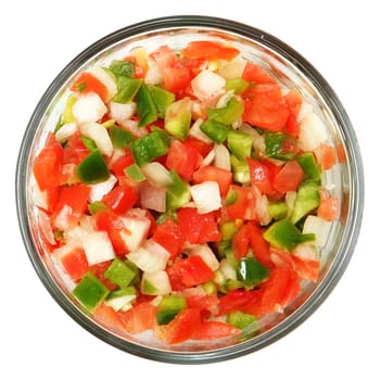 Trinity of chopped Tomato, Bell Pepper, Onions over white.