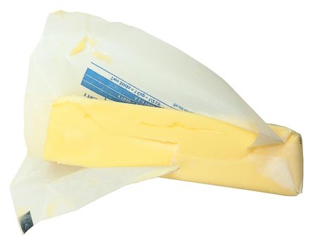 Stick of Butter in Paper Unwrapped Over White Background