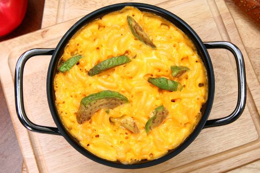 Pot of Macaroni and Cheese with Avocado Slices