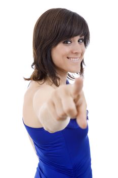 young happy beautiful woman pointing, isolated in white