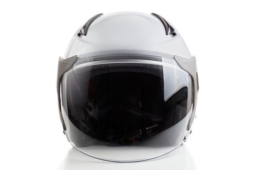 Glossy white motorcycle helmet isolated on background