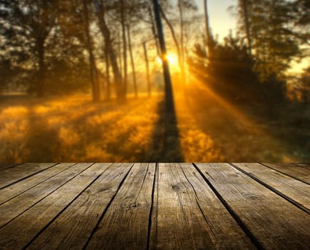 Empty wooden deck table with autumn background. Ready for product display montage.