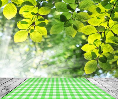 Empty table with green gingham tablecloth over fresh green leaves background. Great for product display montages