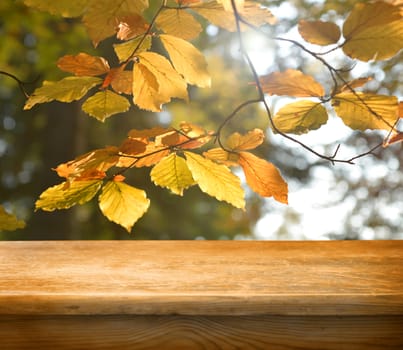 Empty wooden deck table with autumn leaves background. Ready for product display montage.