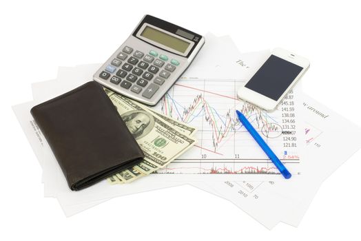 Calculator, money, smart phone, wallet on financial papers. Business concept