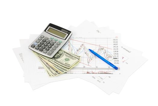 Dollars, calculator and paper charts. Business concept