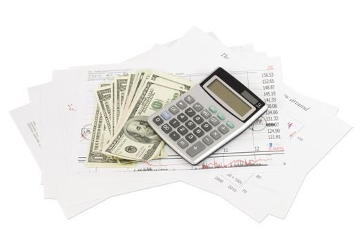 Dollars, calculator and paper charts. Business concept