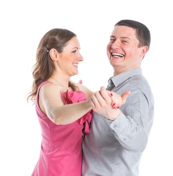 Portrait of happy couple. Attractive man and woman being playful. Isolated on white background.