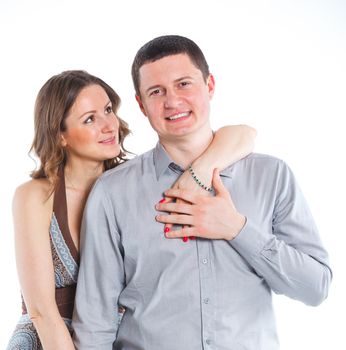 Portrait of happy couple. Attractive man and woman being playful. Isolated on white background.