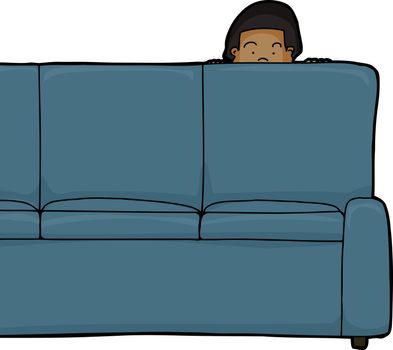 One Asian child peeking from behind sofa