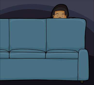 Scared Asian child peeking from behind sofa