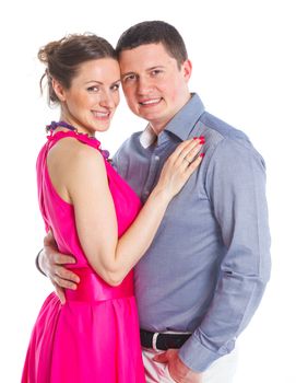 Happy couple. Attractive man and woman being playful. Isolated on white background.