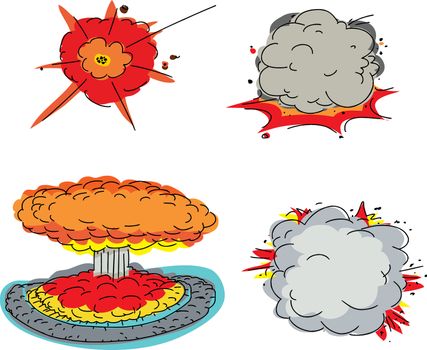 Set of four cartoon explosions over white background