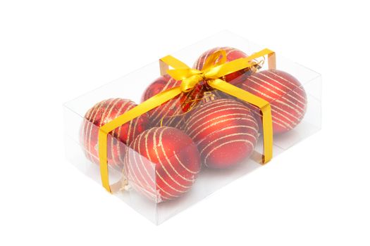 transparent box with Christmas balls on white background