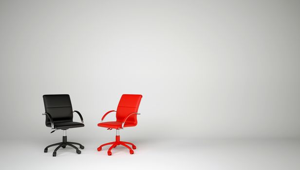 Two office chairs on a gray background. Black and red chair. The concept of dialogue