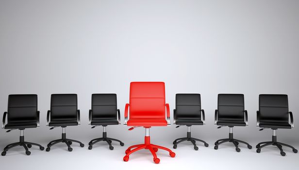 Series of black and one red office chair on a gray background. The concept of a leader