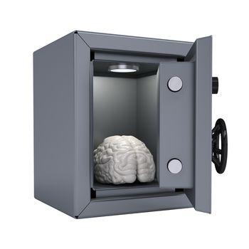 Brain in an open metal safe. Brain illuminated lamp. Isolated render on a white background