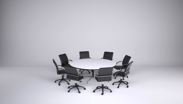 Round table and eight office chairs on a gray background. Cooperation concept