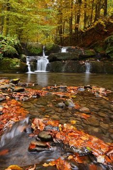 Autumn landscape with river and beautiful foliage - Bieszczadzki National Park in Poland