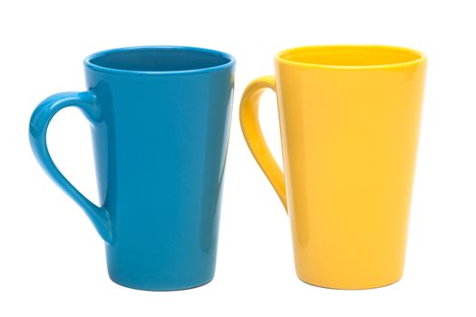 yellow and blue mug on a white background