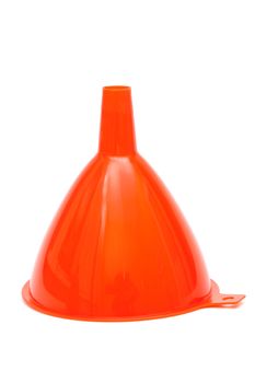 red plastic funnel with a white background