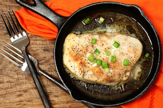 Oven Baked Swordfish in Butter with Green Onions and Ginger Top View Over White