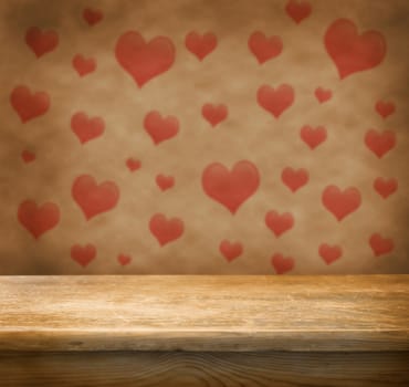 Empty wooden deck table with love background. Ready for product display montage.