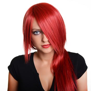 Beautiful red haired woman over white background