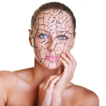 Portrait of beautiful young caucasian brunette with cracked skin