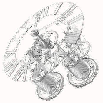 Transparent clock mechanism. Isolated render on a white background