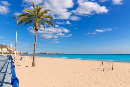 Alicante Postiguet beach at Mediterranean sea in Spain palm trees
