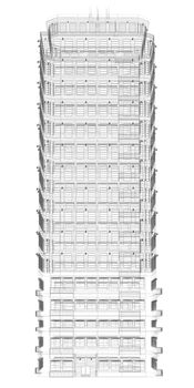 Highly detailed building. Isolated wire-frame render on a white background