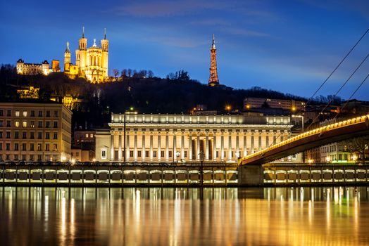 night view from Lyon city near the Fourviere cathedral and Sa��ne river